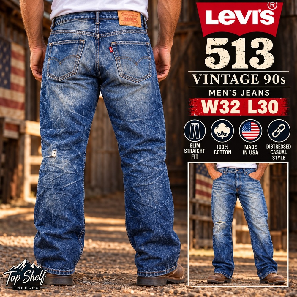 Levi's 513 Slim Straight Jeans Men W32 L30 Blue Medium Wash Distressed Low Rise